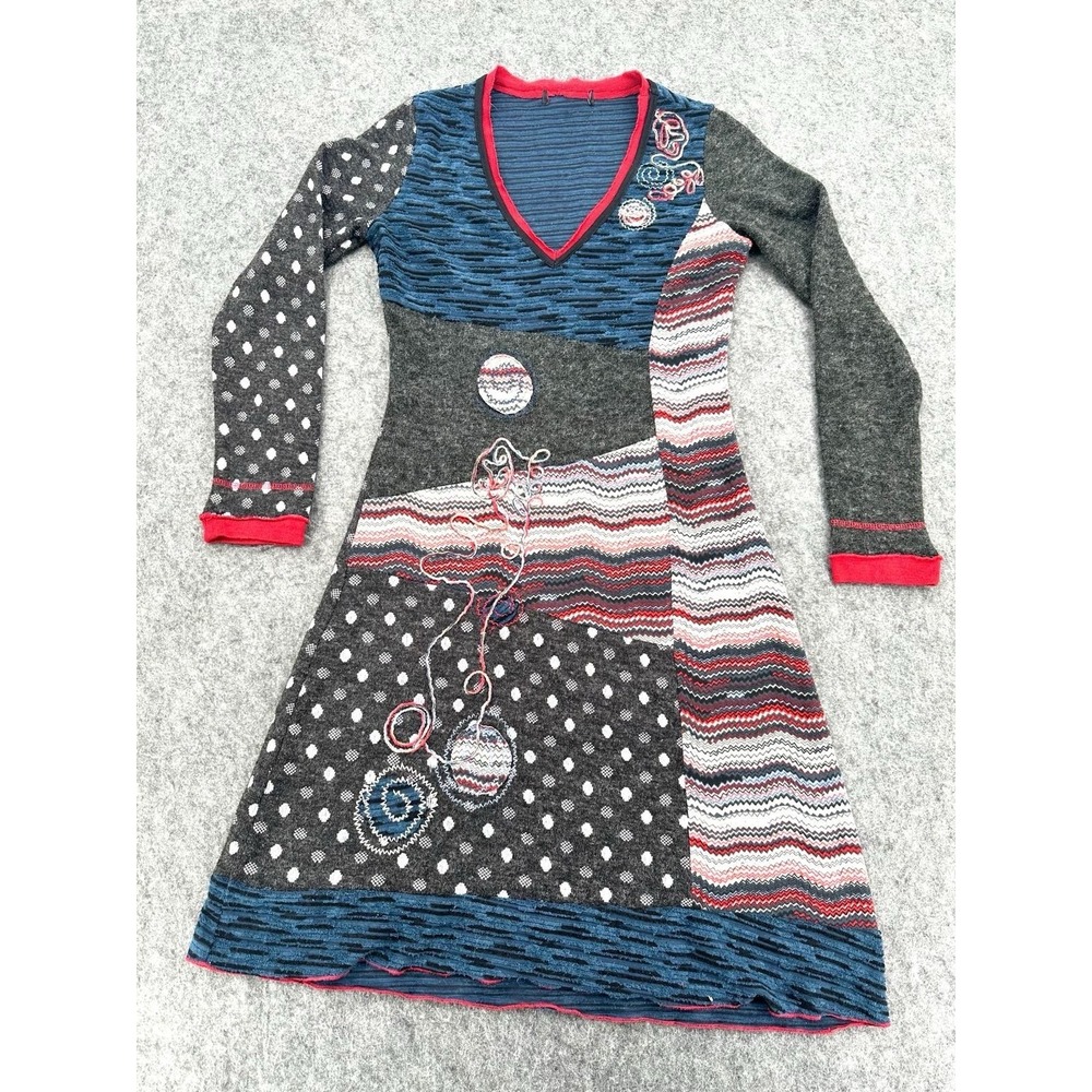 101 Idees Boho Patchwork‎ Dress Women Small Multicolor Long Sleeve V Neck